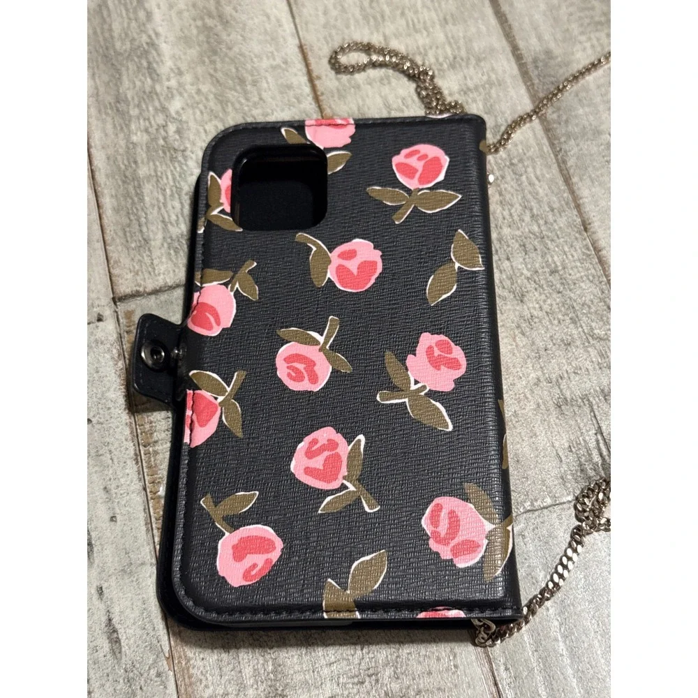 Kate Spade iPhone 11 Pro Magnetic Folio Crossbody Case Black Pink Rose Floral